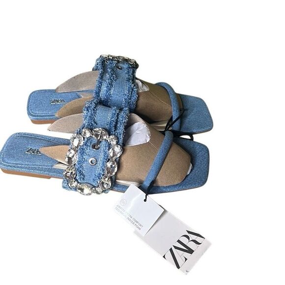 NWT Zara Blue Denim Flat Buckled Sandals 37 6.5 - Picture 9 of 11